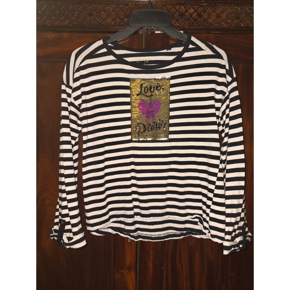 Jessica Simpson Girls Black White Striped Reversible Sequin Eiffel Tower Top L